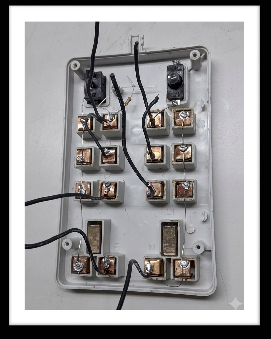 Custom switchboard internals with terminals, bus wires and manual switches