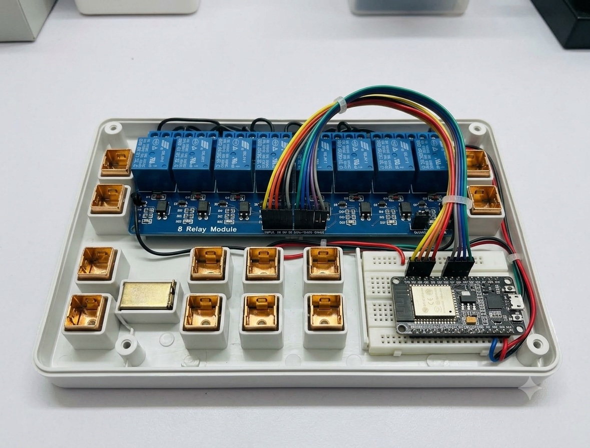 Eight-channel relay module and NodeMCU wired inside a white enclosure