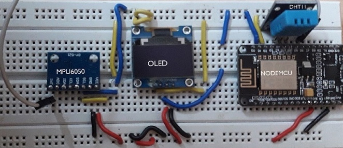 NodeMCU with MPU6050 and OLED display on a breadboard